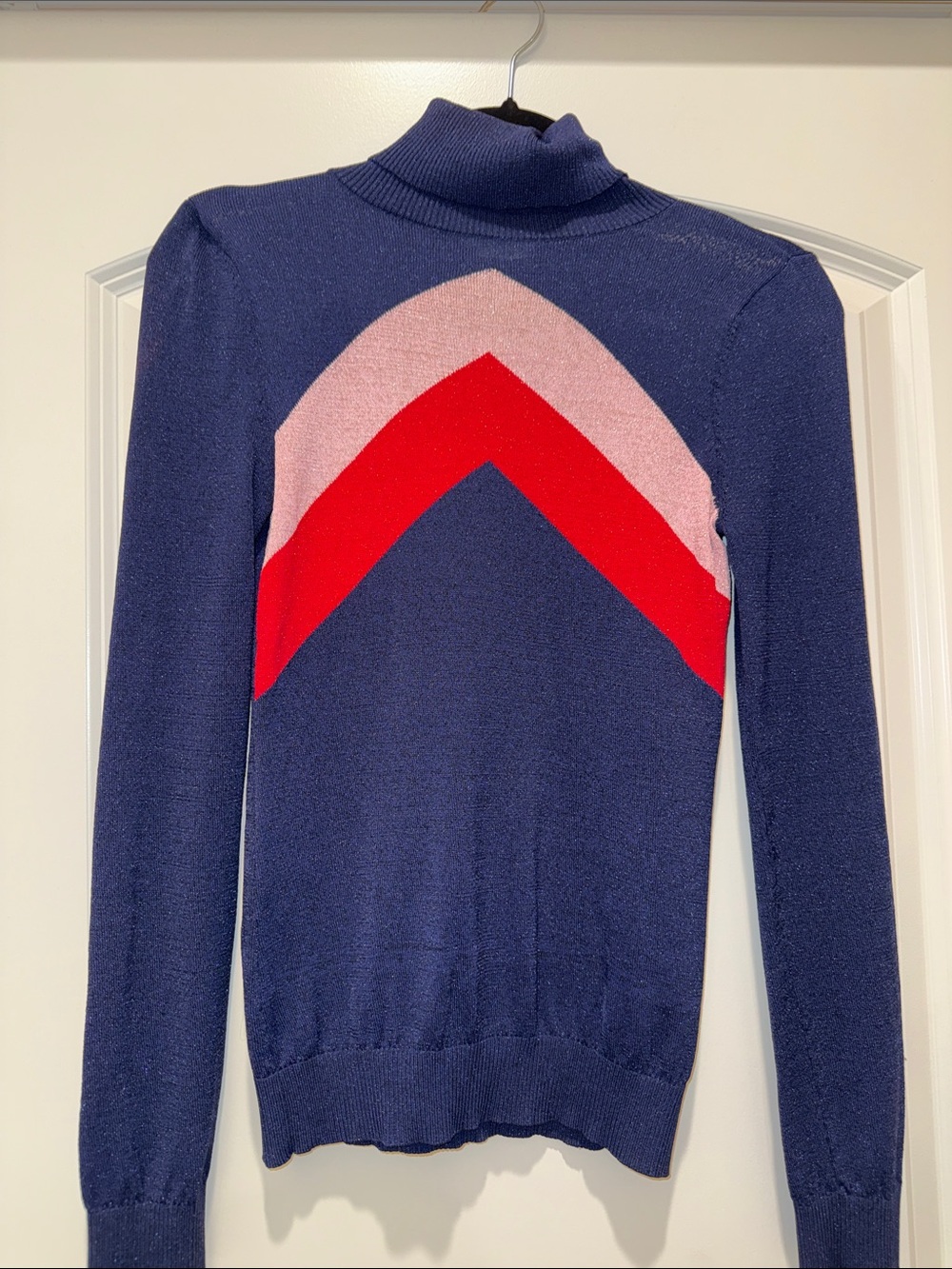 Lovers + Friends Navy Turtleneck Sweater with Pink and Red Chevron